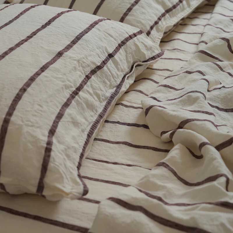 Home Lab 100% French Flax Linen Sheet Set Cocoa Stripe image number 2